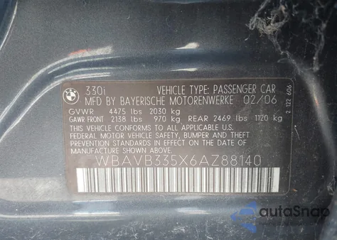 2006 BMW 330I from USA, damaged, VIN WBAVB335X6AZ88140